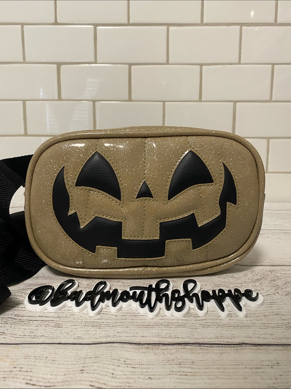 *Love Pain and Stitches Small Happy Face Belt Bag in Gold Glitter and Black